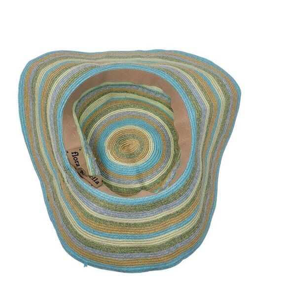 Flora Bella Pastel Floppy Wide Brim Straw‎ Beach Sun Hat Blue Green Striped - Picture 4 of 8